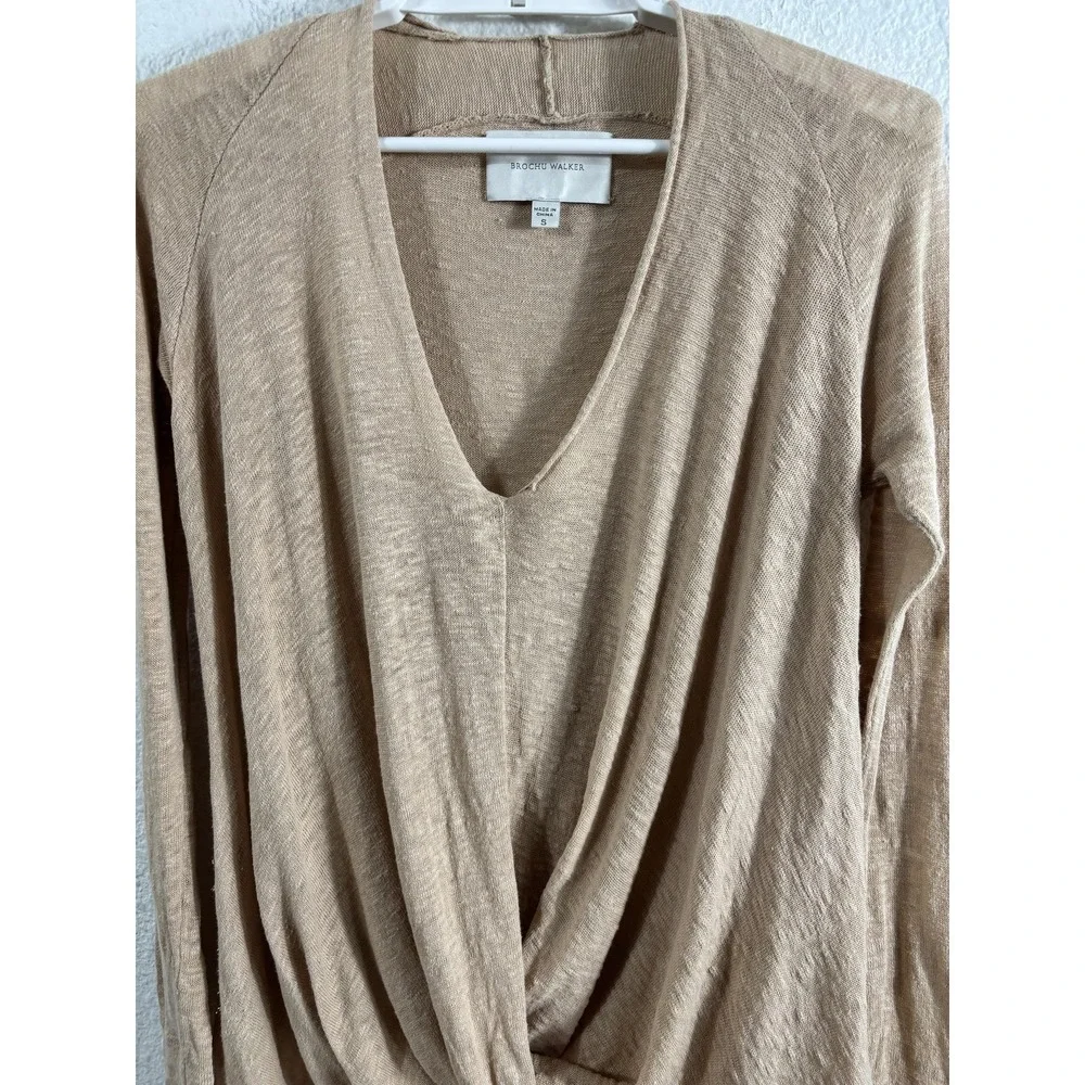 Brochu Walker Sweater Womens Small‎ Beige Linen Cotton Wrap V Neck Twist Front